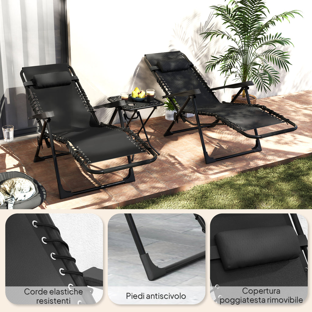 Outsunny Set of 2 Zero Gravity Folding Lounge Chairs with Adjustable Backrest and Table, Black