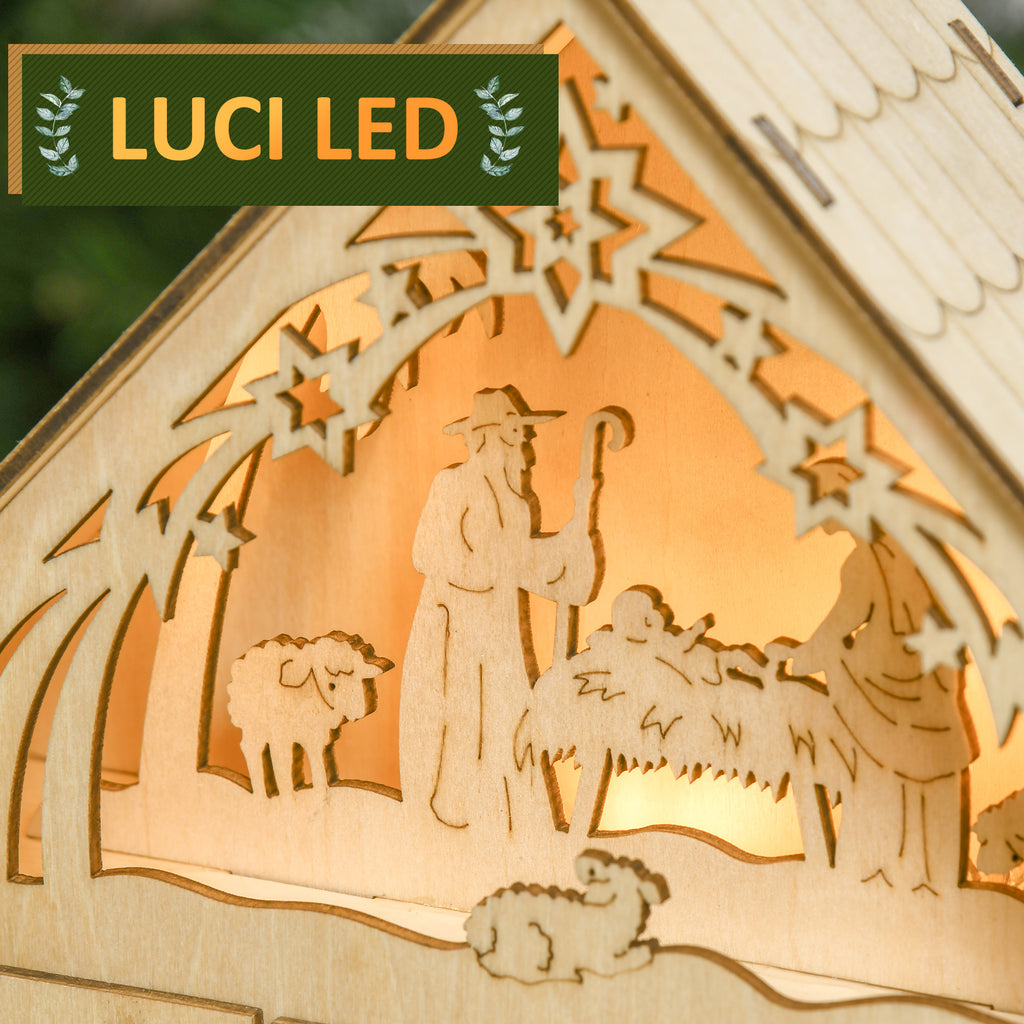 Wooden Advent Calendar with 24 Drawers, Christmas Decoration with Carved Nativity Scene and Lights, 26.6x6x30cm