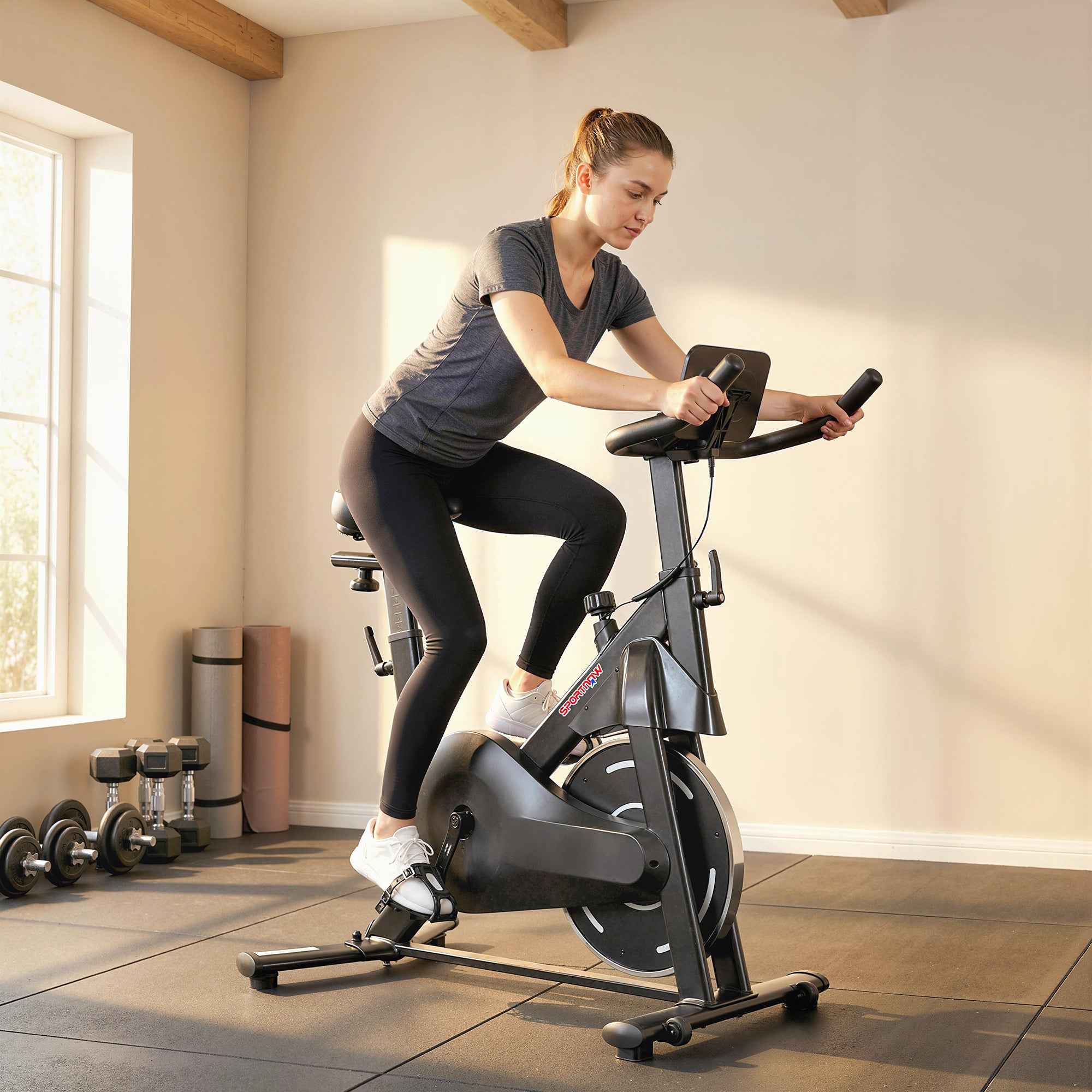 SPORTNOW Adjustable Magnetic Exercise Bike with LCD Display and Tablet Holder, Made of Steel and ABS, 103x49x98-112 cm, Black