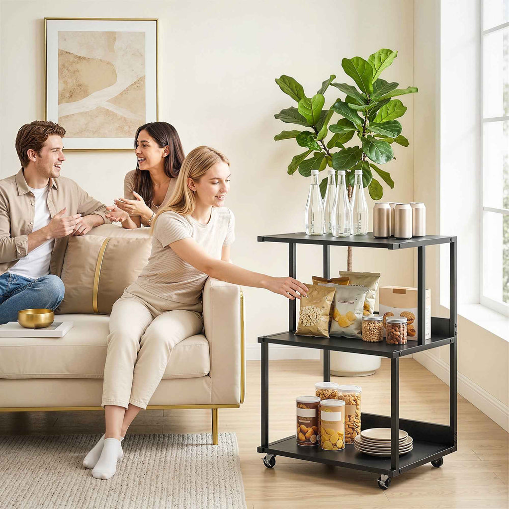 HOMCOM 3-Tier Printer Stand with Wheels, Industrial Metal Office Table, Black.