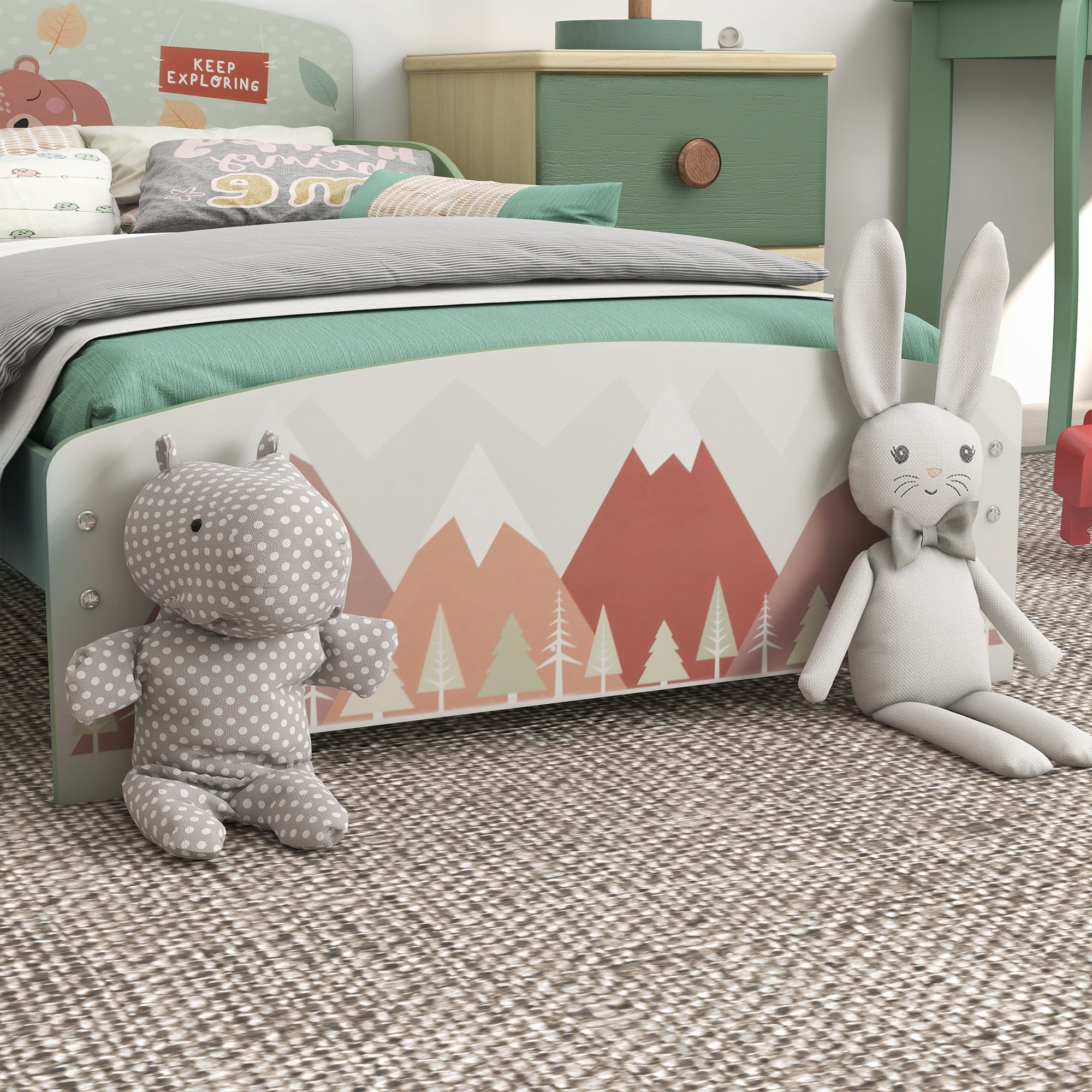 Bed for Children 3-6 Years with Raised Edges, Slats and Animal Pattern, 140x70 cm, Green