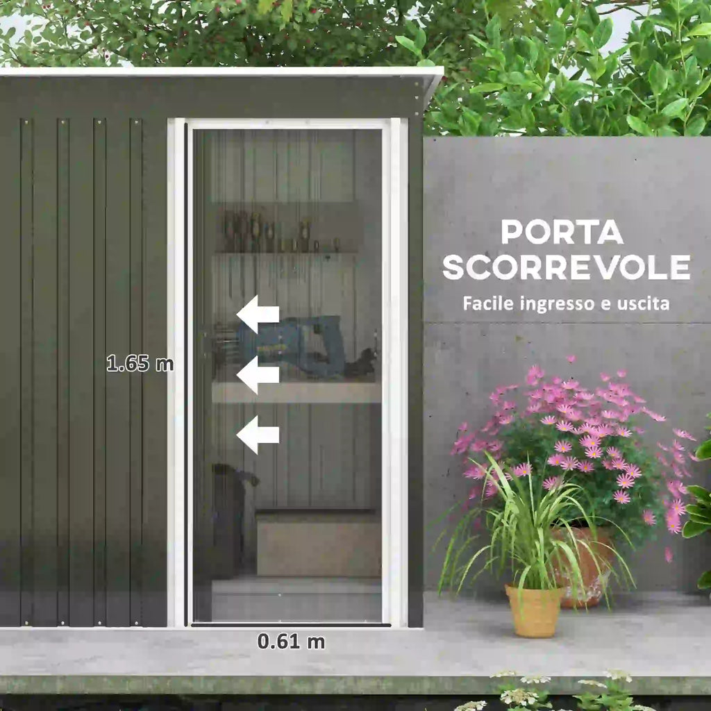 Garden Shed with Sloping Roof and Sliding Door, Galvanized Steel Garden Tool Shed, 1.16m², 163x89x182 cm, Black - Borge' Group Limited