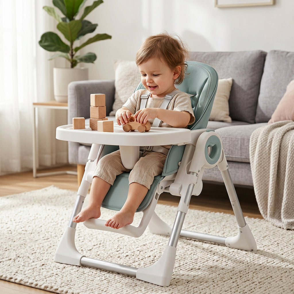 AIYAPLAY Folding High Chair for Babies 6-36 Months, Adjustable Height, Double Washable Tray and Wheels, Green
