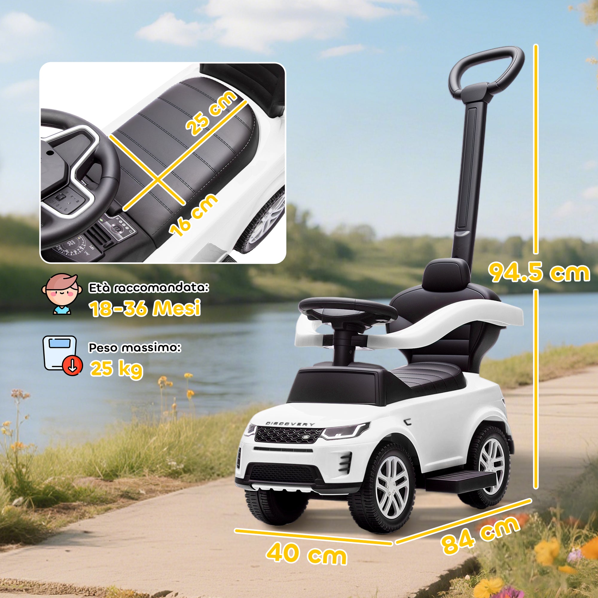 Land Rover Licensed Ride-On Car with Handle and Barrier, in PP and Steel, 84x40x94.5 cm, White