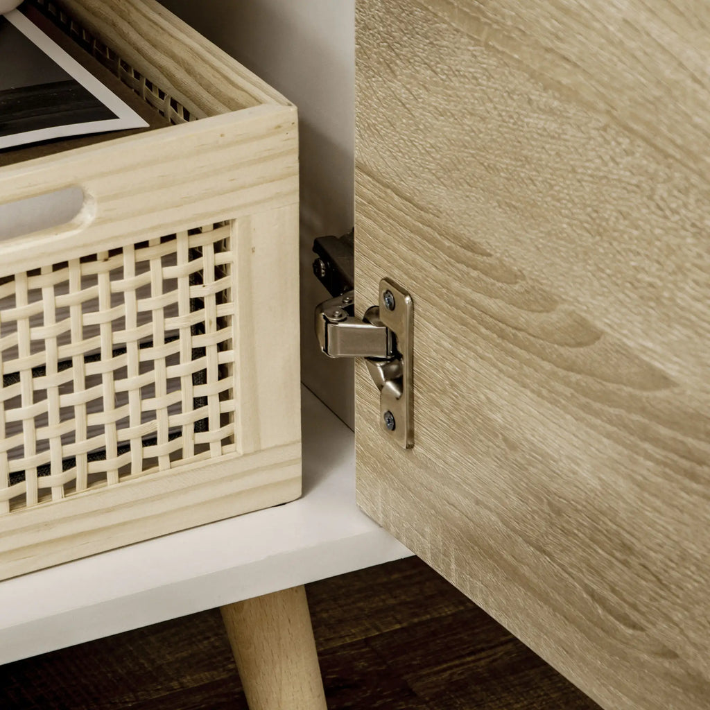 Modern TV Stand max 50" in Chipboard with Drawers, Open Shelves and Cabinets, 110x40x50 cm, White and Wood Color