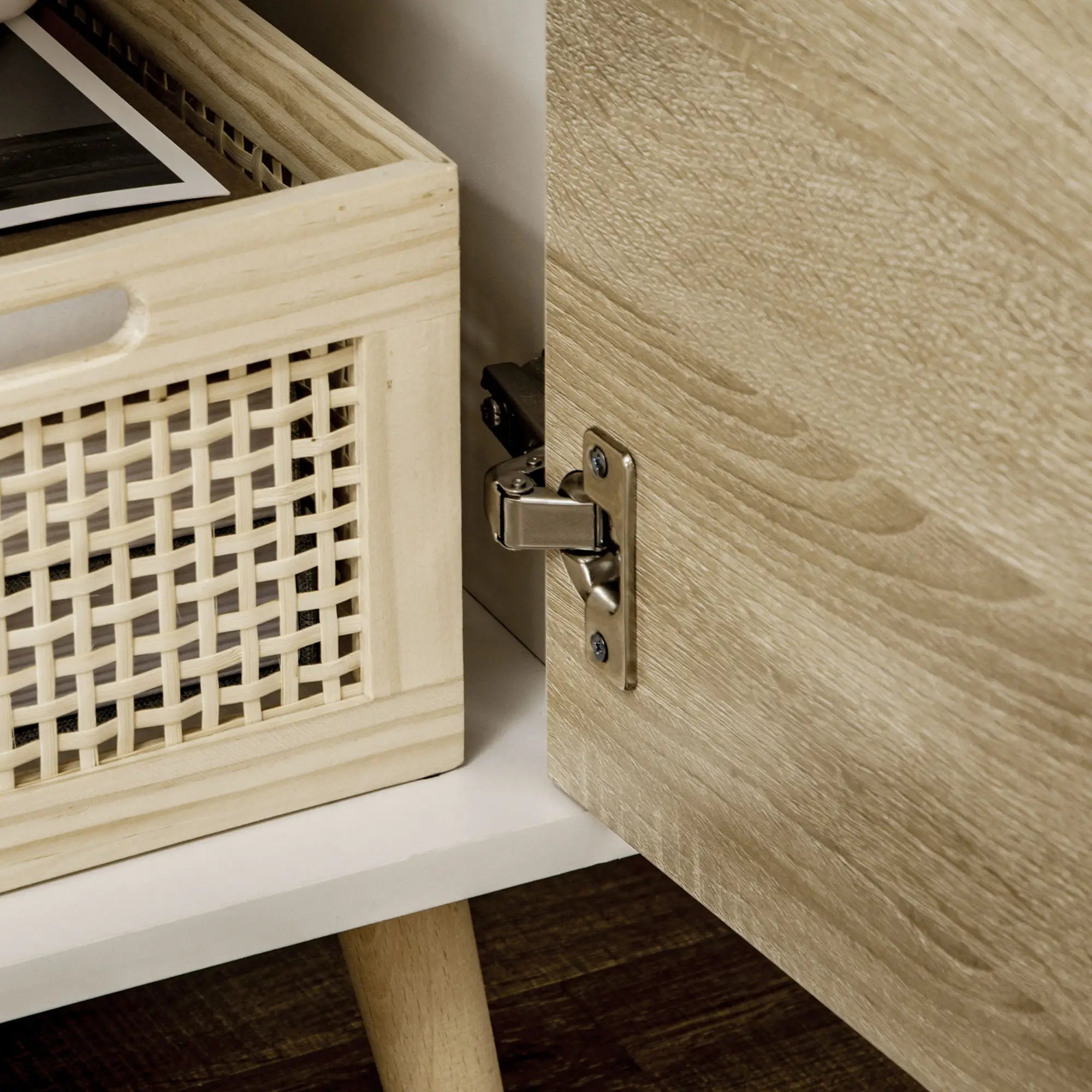 Modern TV Stand max 50" in Chipboard with Drawers, Open Shelves and Cabinets, 110x40x50 cm, White and Wood Color