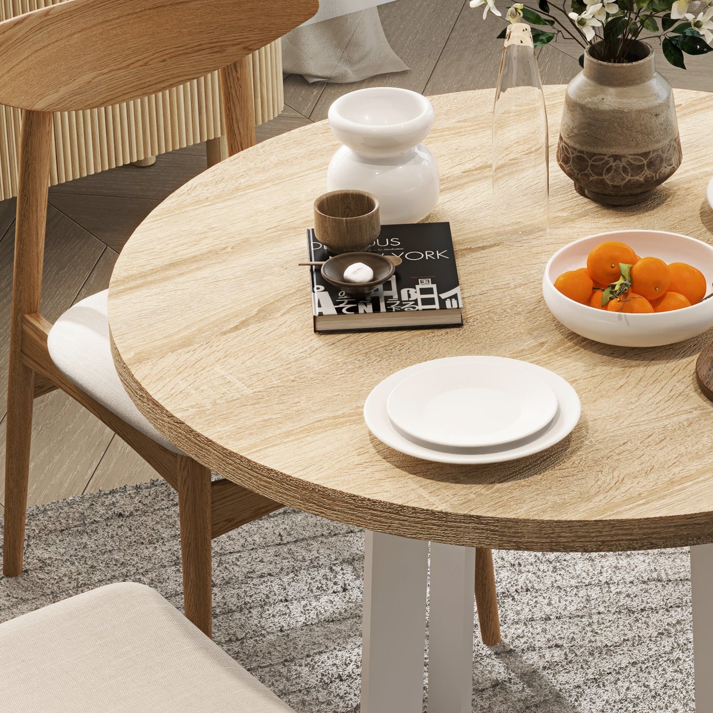 HOMCOM Modern Round Dining Table for 4 People, Ø100x75cm, Natural Wood and White