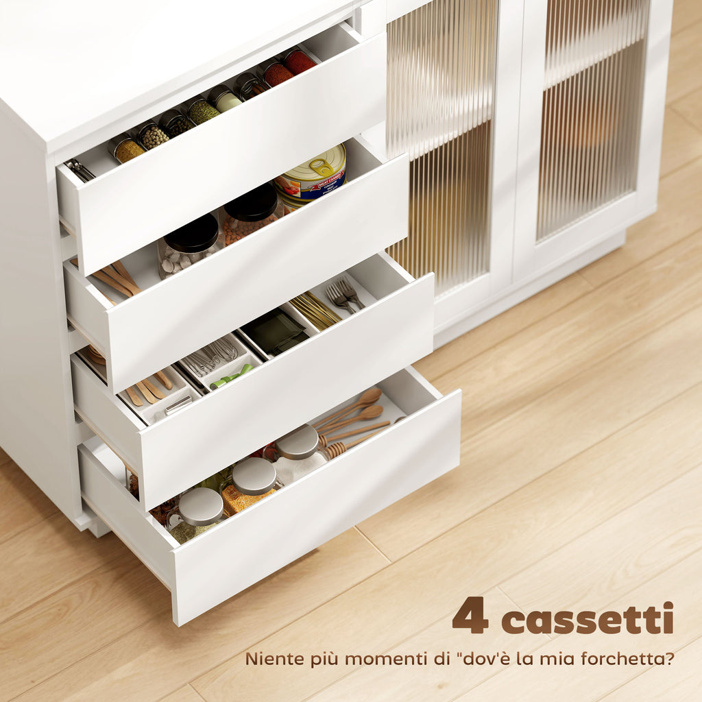 Wooden Buffet Sideboard with 4 Drawers and Cabinet with Glass Doors and Adjustable Shelves, 120x40x91 cm, White