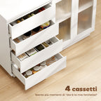 Wooden Buffet Sideboard with 4 Drawers and Cabinet with Glass Doors and Adjustable Shelves, 120x40x91 cm, White