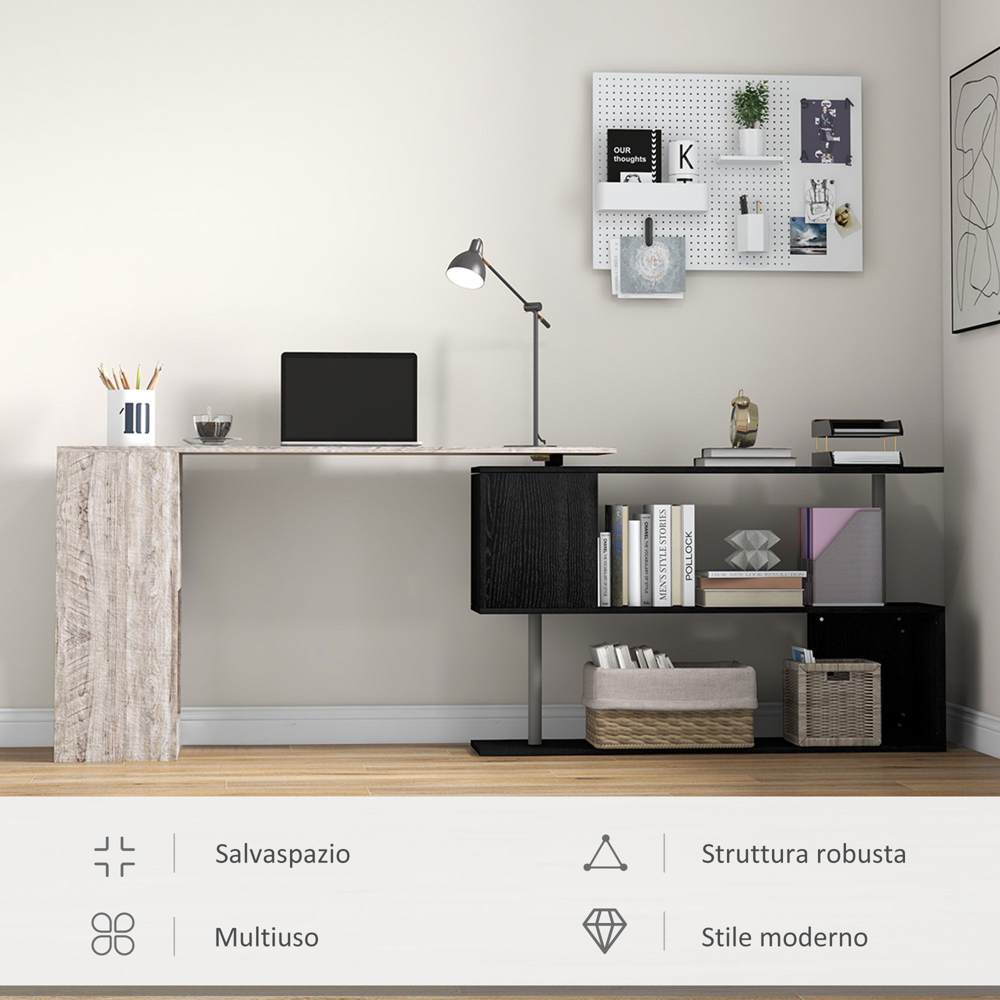 Space-Saving Corner Desk with S-Shaped Shelf, Wooden, 140x120x78 cm, Wood Effect Grey