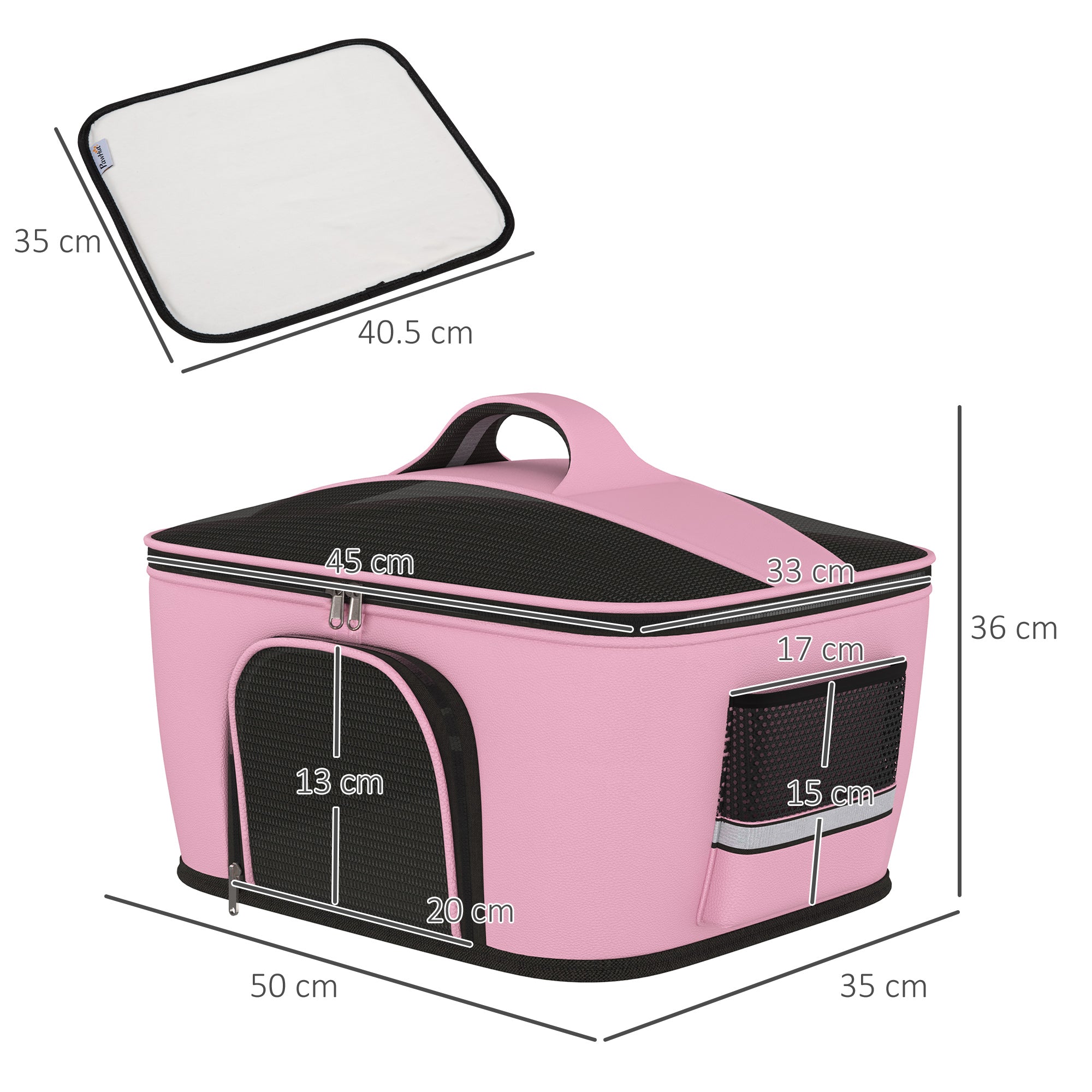 Pet Carrier Bag for Dogs and Cats with 2 Zippered Doors, 50x35x36cm, Pink