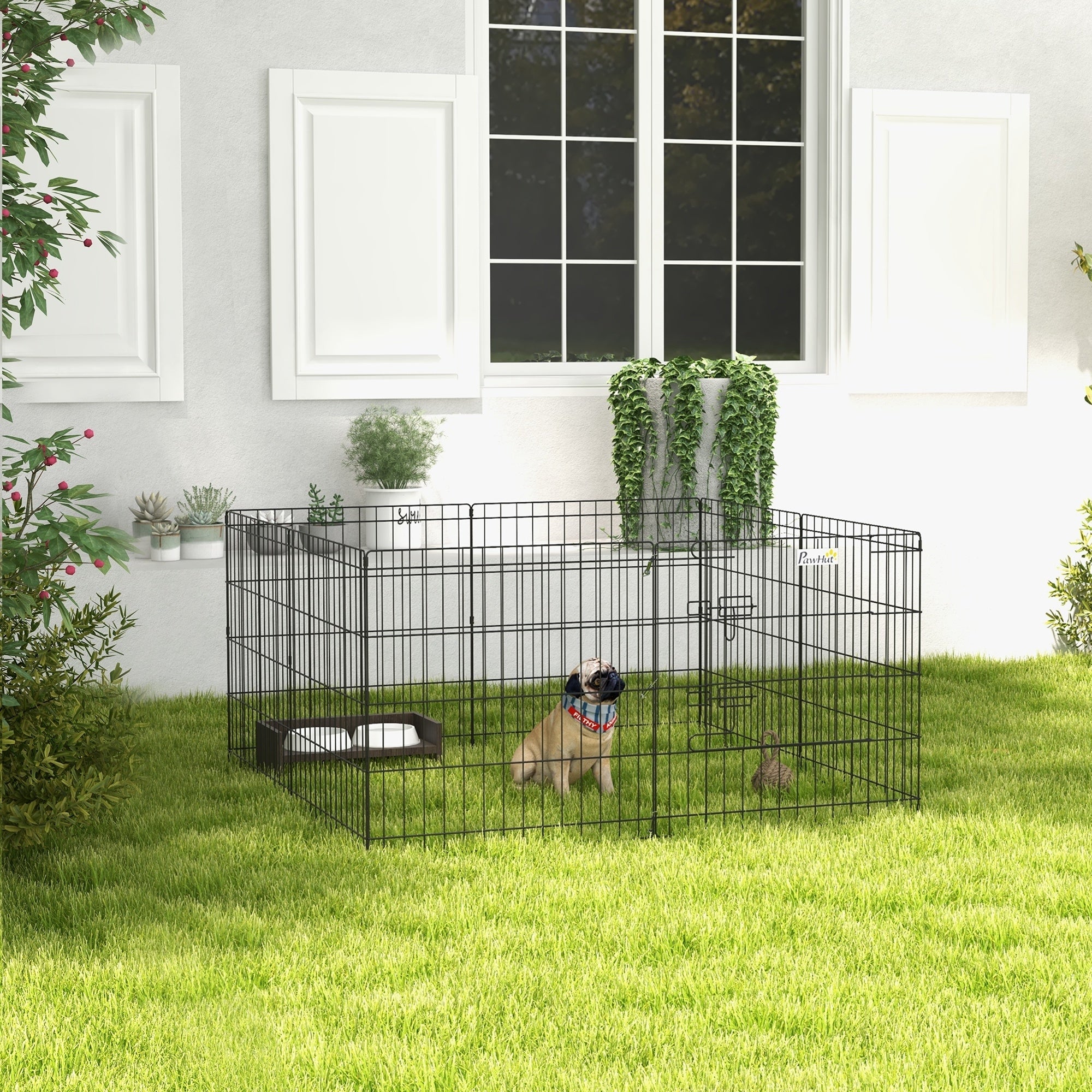 Indoor and Outdoor Dog Playpen with 8 Mesh Panels and Door, 61 x 61cm, Black