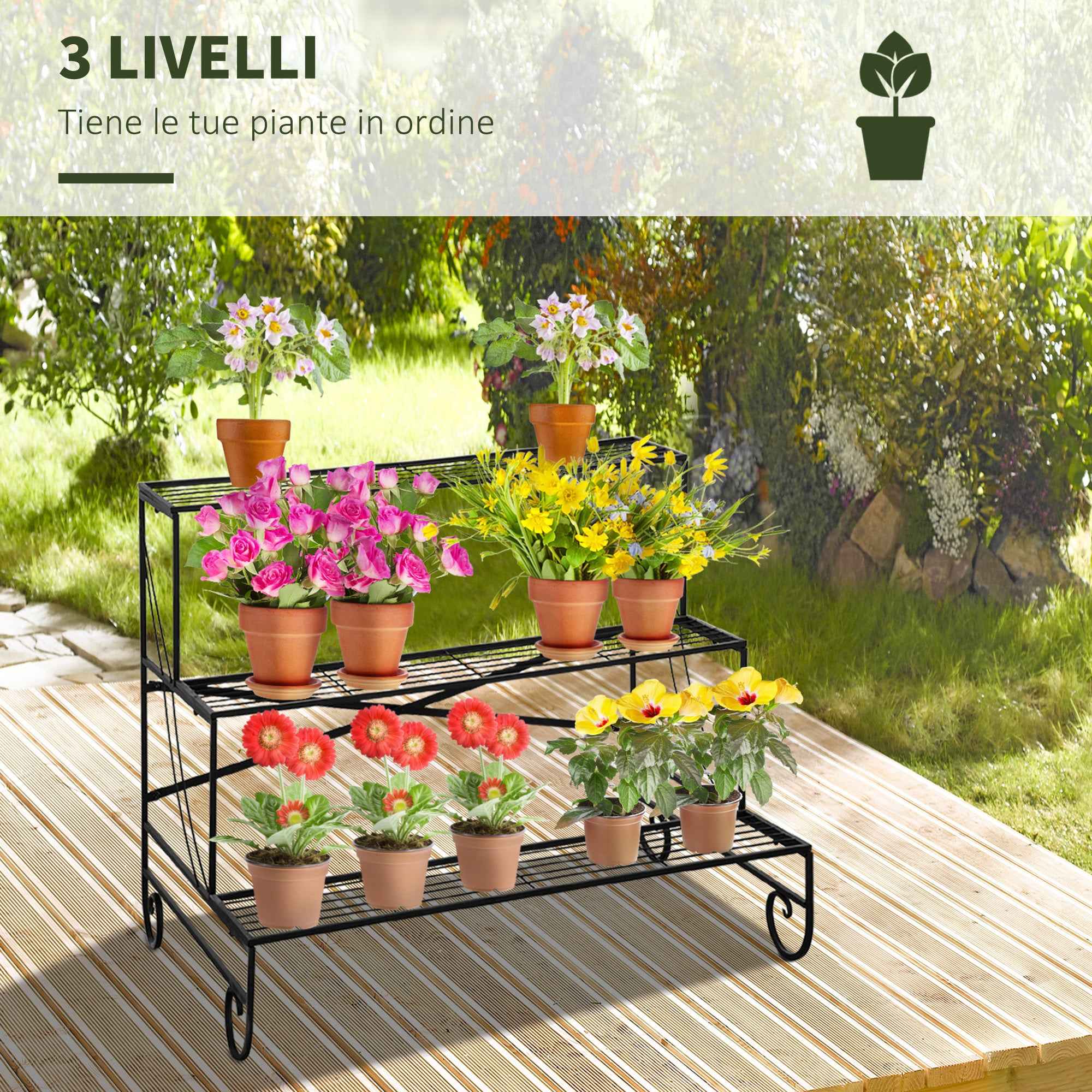 Outsunny Wrought Iron Plant Stand, 3-Tier Outdoor Plant Ladder, Black