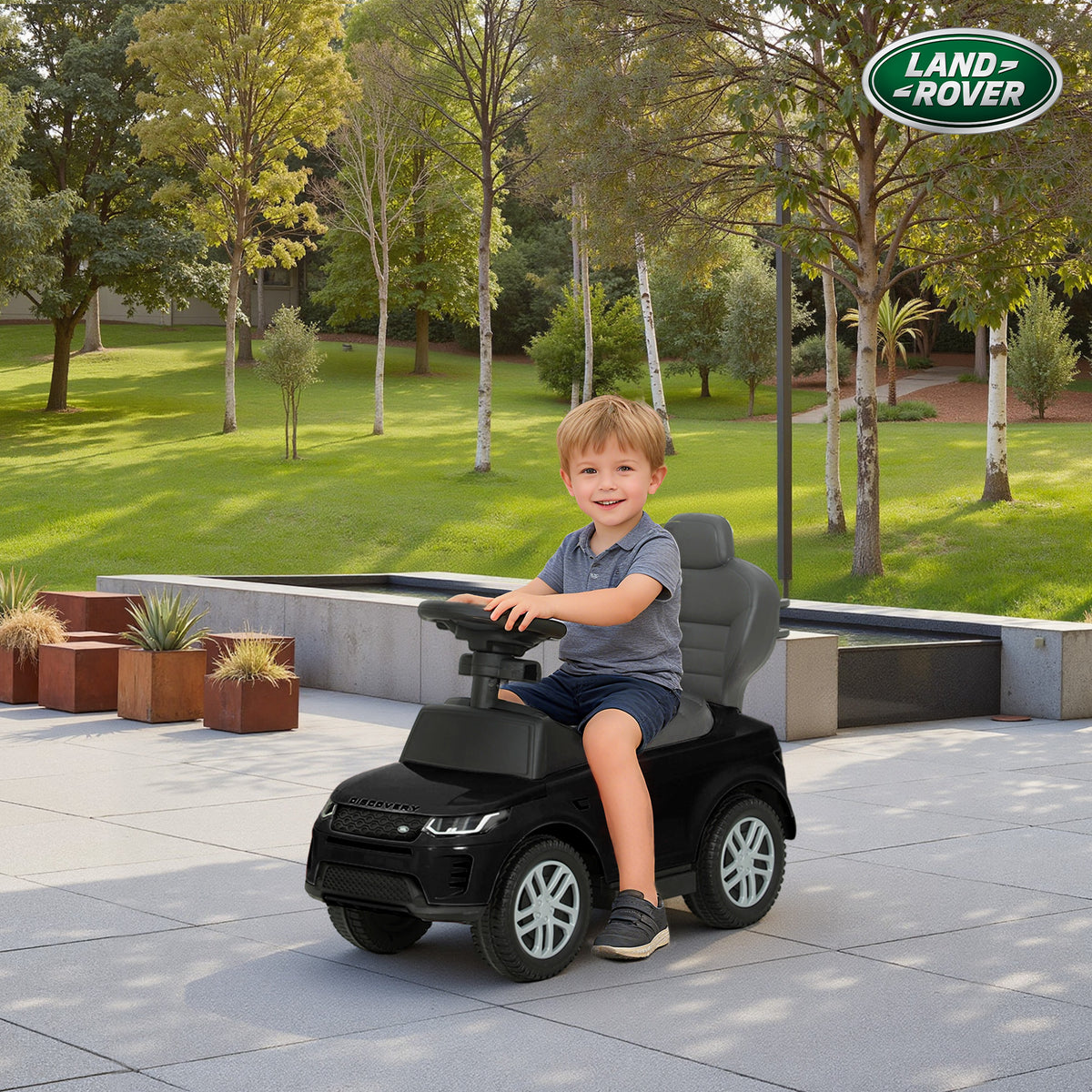 AIYAPLAY Land Rover Licensed Ride-On Car with Handle and Barrier, Made of PP and Steel, 84x40x94.5 cm, Black