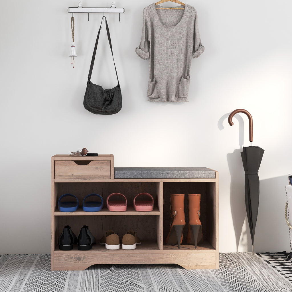 Modern Shoe Bench with 3 Open Shelves and Drawers, Made of Wood, Polyester and Sponge, 76.5x30x52 cm, Grey