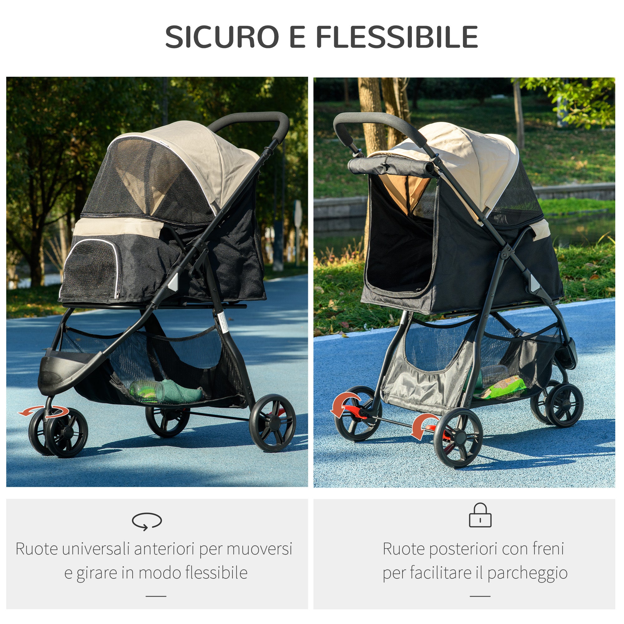 3-Wheel Folding Small Dog Stroller with Rain Cover and Basket, Khaki