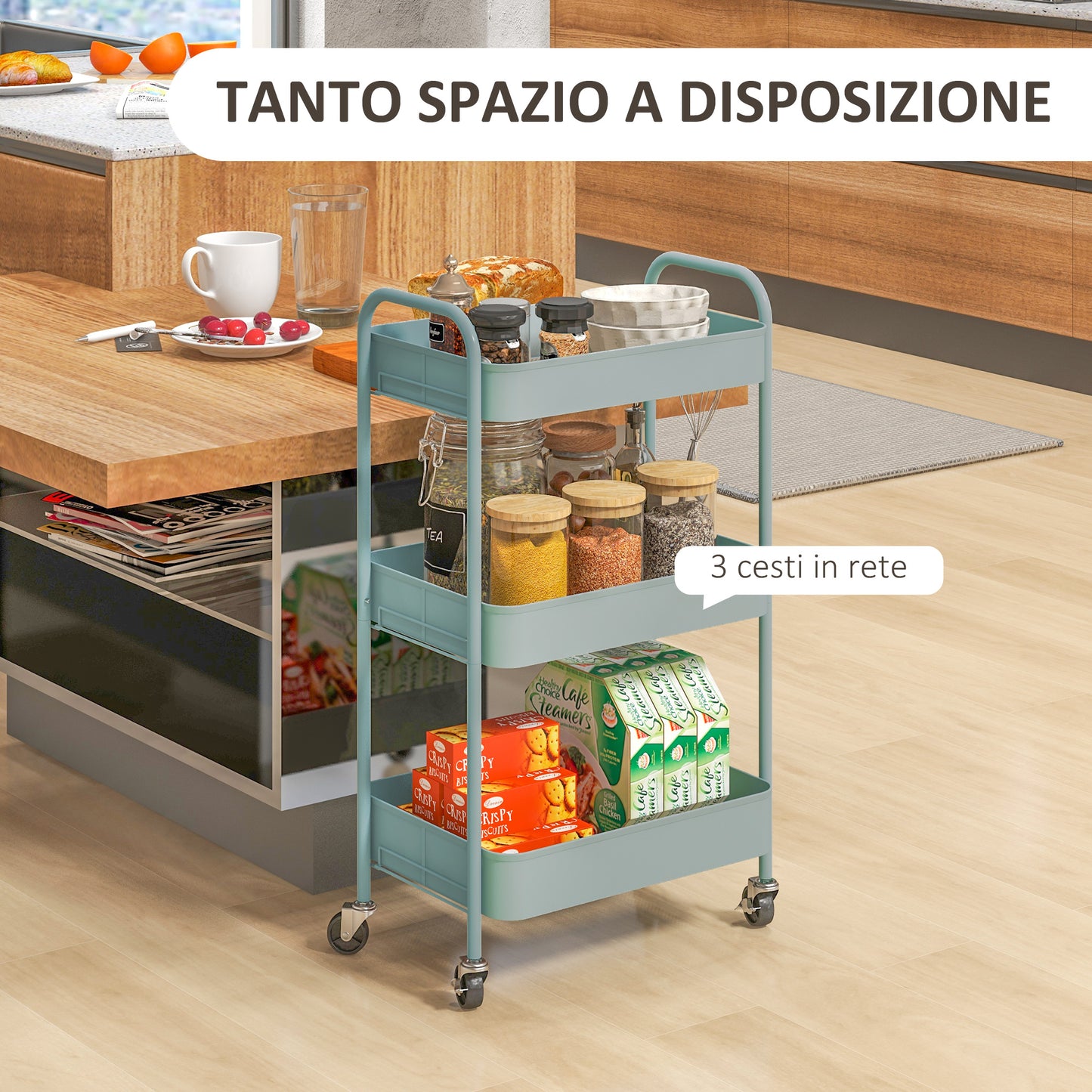 3-Tier Kitchen Trolley with Handles and 4 Casters, Steel, 45x30.6x79 cm, Light Blue