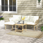 Outsunny 3-Piece Garden Set with Chaise Longue, Sofa, Cushions and Coffee Table, in Rattan and Steel, Cream White and Wood