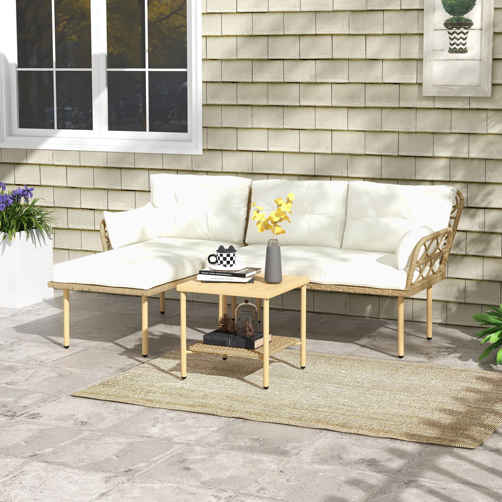 Outsunny 3-Piece Garden Set with Chaise Longue, Sofa, Cushions and Coffee Table, in Rattan and Steel, Cream White and Wood