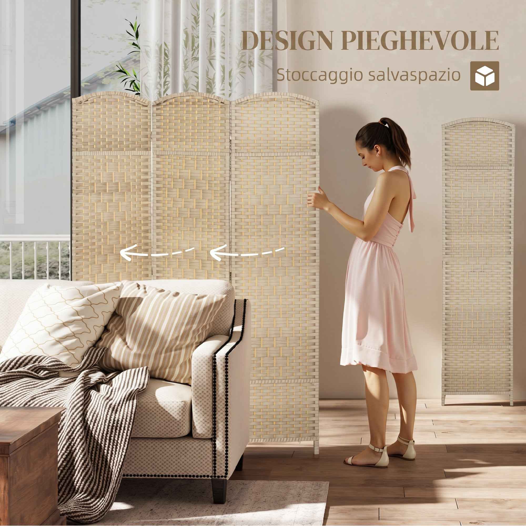 HOMCOM 3-Panel Folding Room Divider, 135x180cm, Woven PP and Pine Wood Screen, Oak