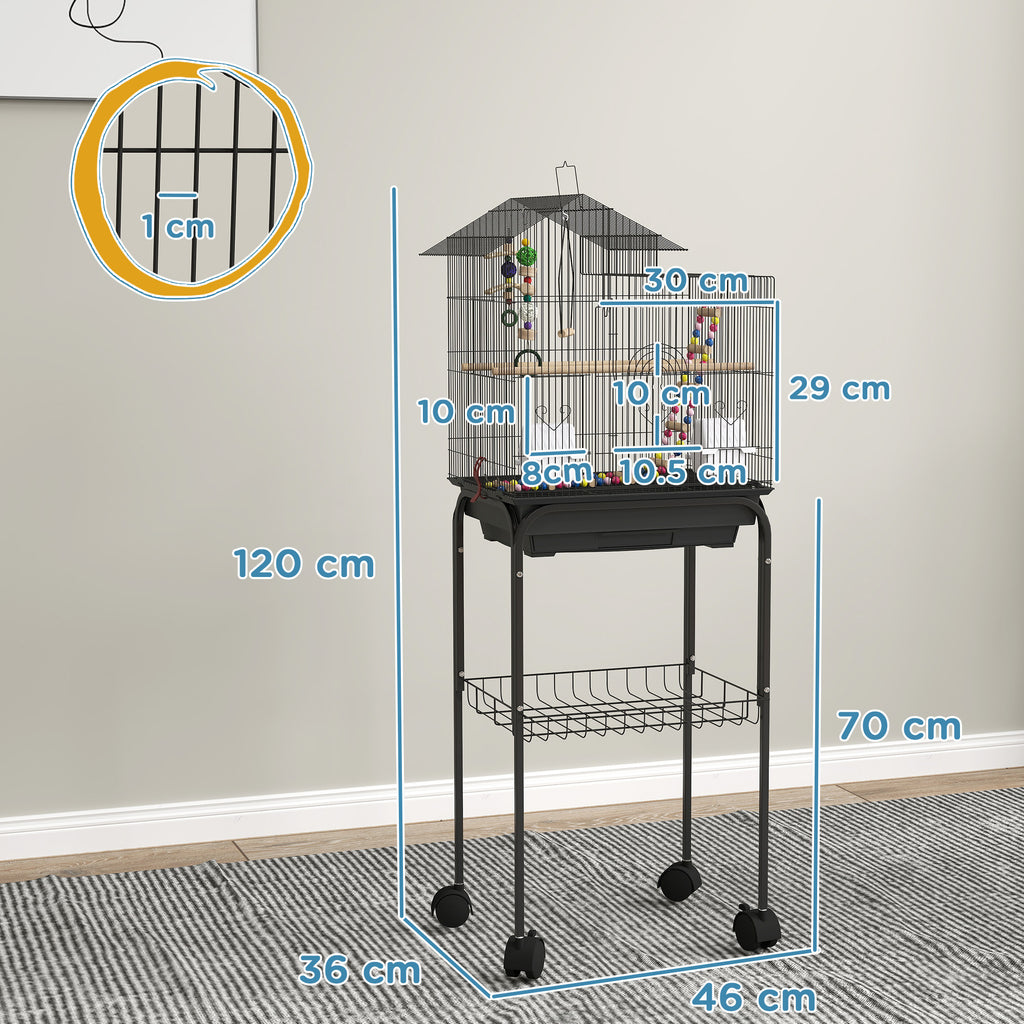 Bird Cage with Pedestal, Swivel Wheels, Shelf and Accessories, 46x36x120 cm, Black