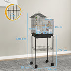 Bird Cage with Pedestal, Swivel Wheels, Shelf and Accessories, 46x36x120 cm, Black