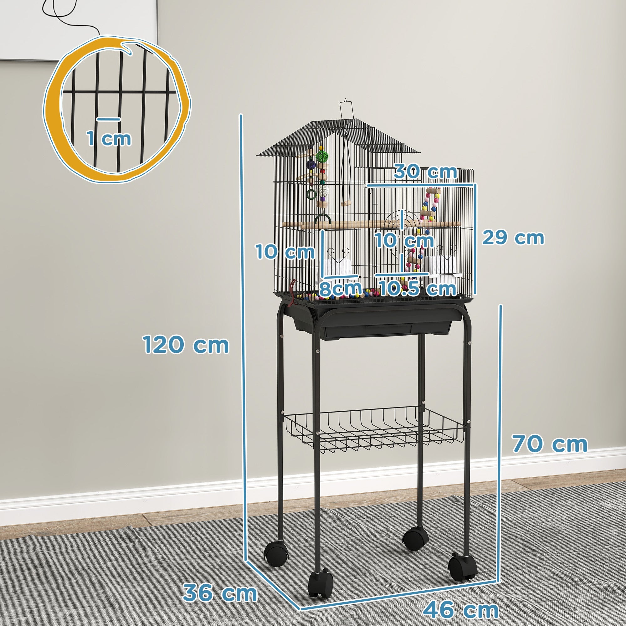 Bird Cage with Pedestal, Swivel Wheels, Shelf and Accessories, 46x36x120 cm, Black
