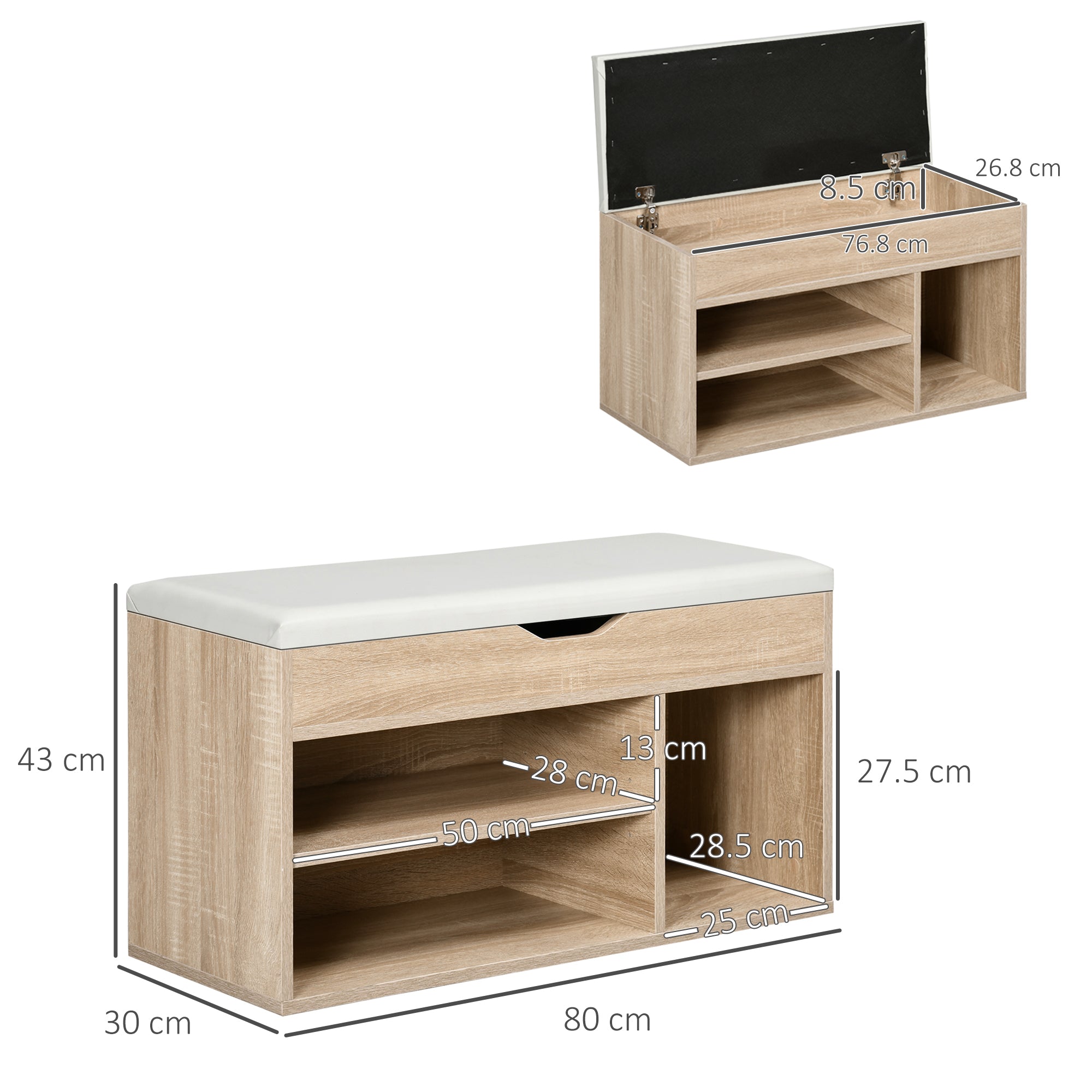 Space-Saving Padded Shoe Rack with 2 Open Shelves and Hidden Space, in Wood and PU Leather, 80x30x45 cm