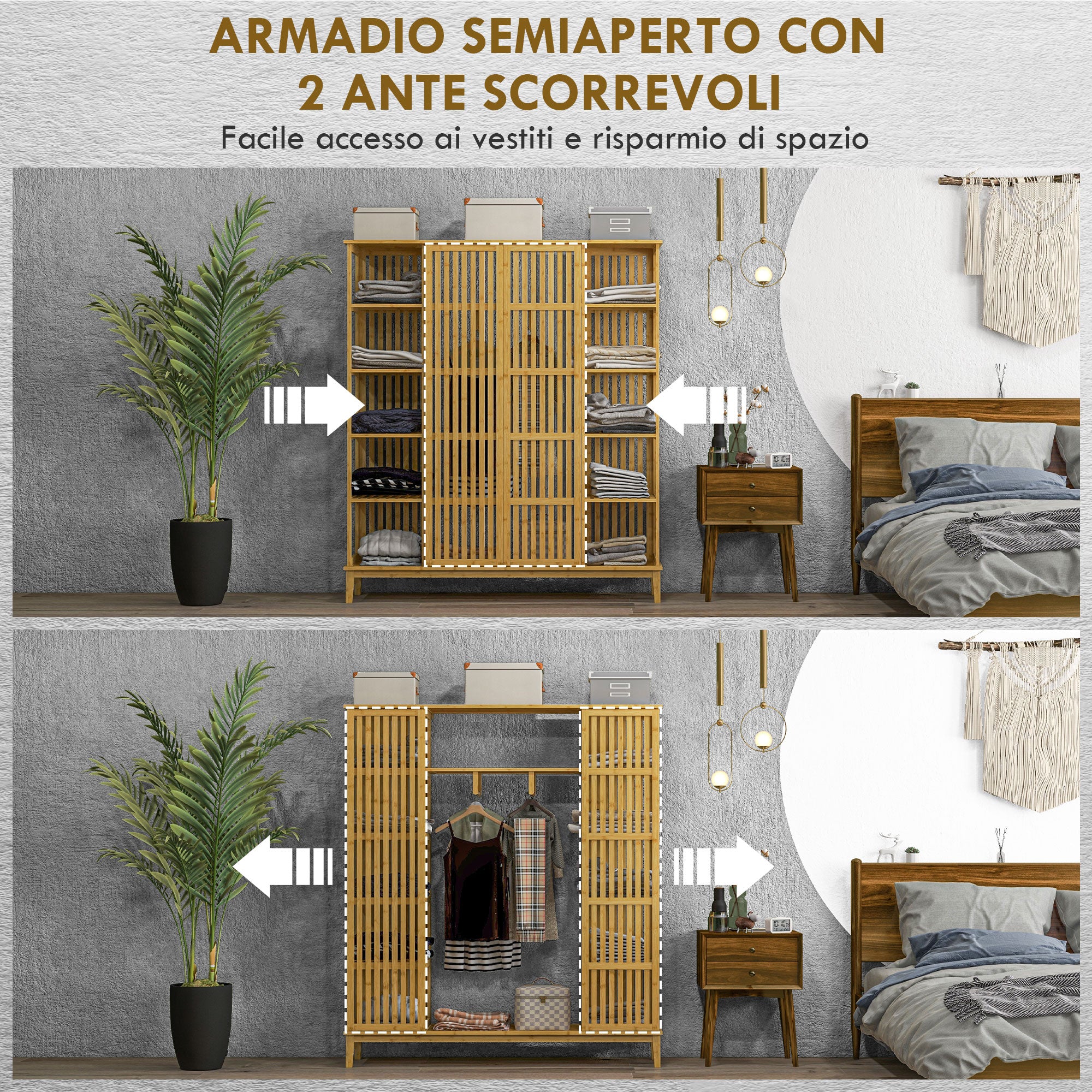 Bamboo Open Wardrobe with 2 Sliding Doors, Open Shelves and Hanging Rail, 145x35x165cm