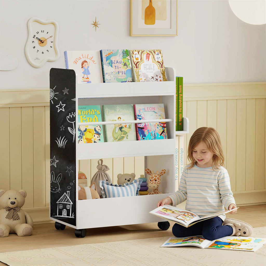 AIYAPLAY Double-Sided Bookcase for Children Ages 3-8, Toy Storage Rack with Wheels and Blackboard, White