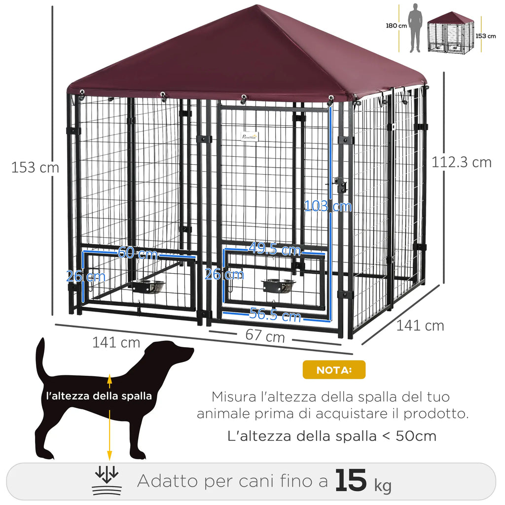 Lockable Outdoor Dog Playpen with 2 Rotating Bowls and Removable Cover, Black and Red