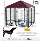 Lockable Outdoor Dog Playpen with 2 Rotating Bowls and Removable Cover, Black and Red