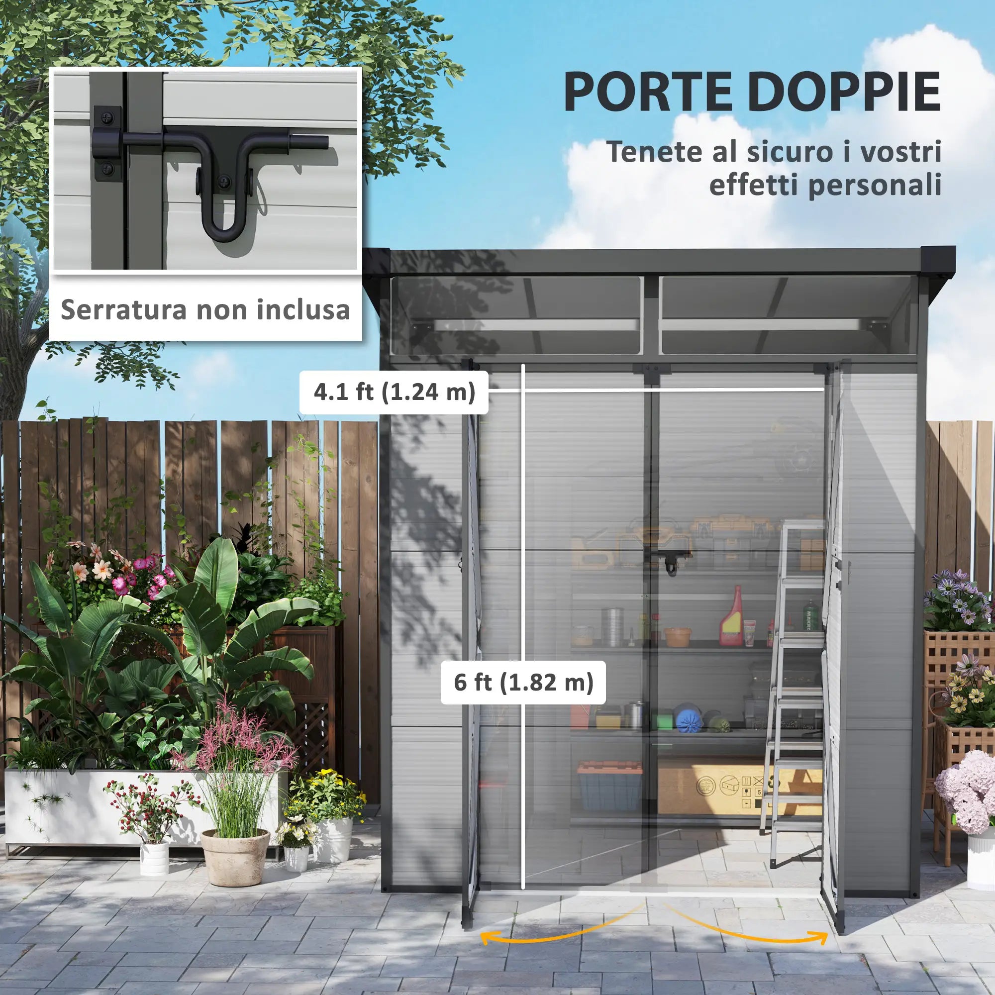 Plastic Garden Shed Tool Storage with Windows, Vents and Lock, 1.9x1.9m, Light Grey