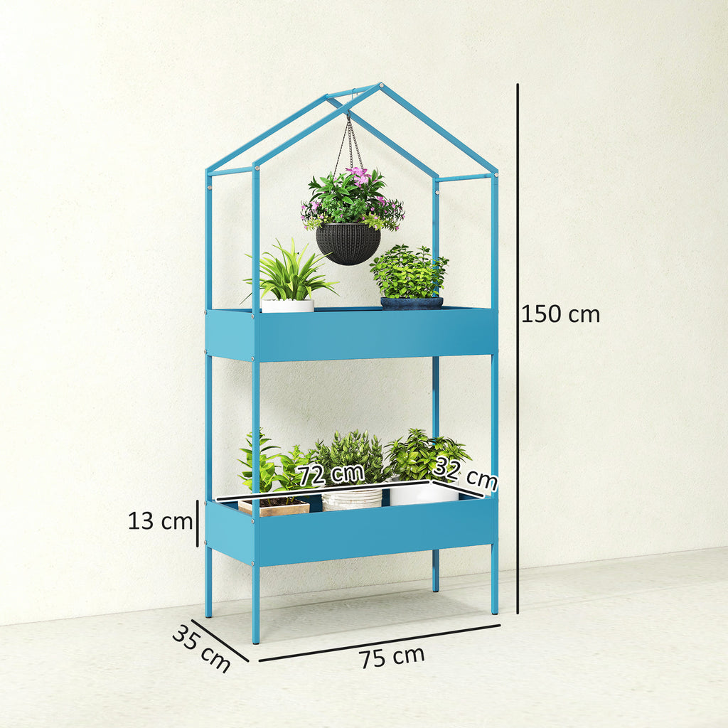 Outsunny 2-Tier Metal House Plant Stand with Hook, 75x35x150cm, Blue and Green