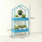 Outsunny 2-Tier Metal House Plant Stand with Hook, 75x35x150cm, Blue and Green