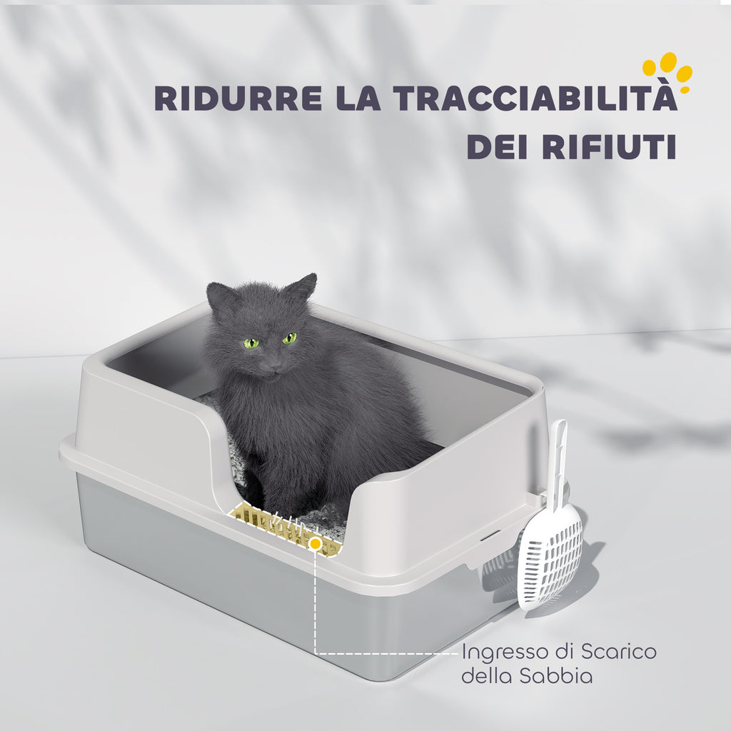 Cat Litter Box with Raised Edges, Tray and Scoop, Stainless Steel and PP, 60x40x28 cm, Light Grey