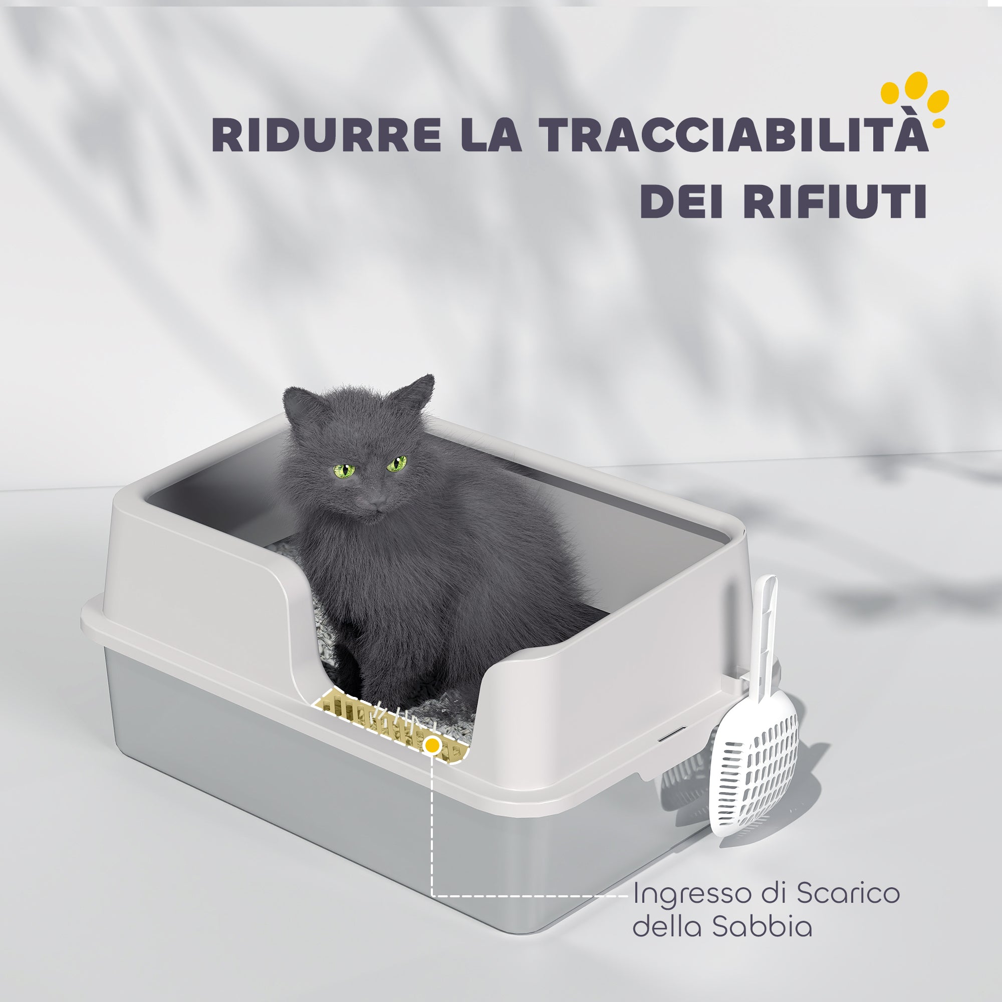 Cat Litter Box with Raised Edges, Tray and Scoop, Stainless Steel and PP, 60x40x28 cm, Light Grey