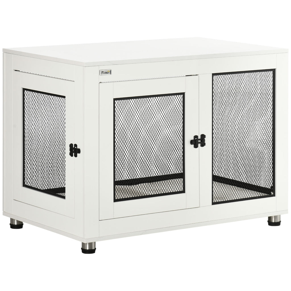 Large Dog House with 2 Lockable Doors and Washable Cushion, 94x60x71.5 cm, White