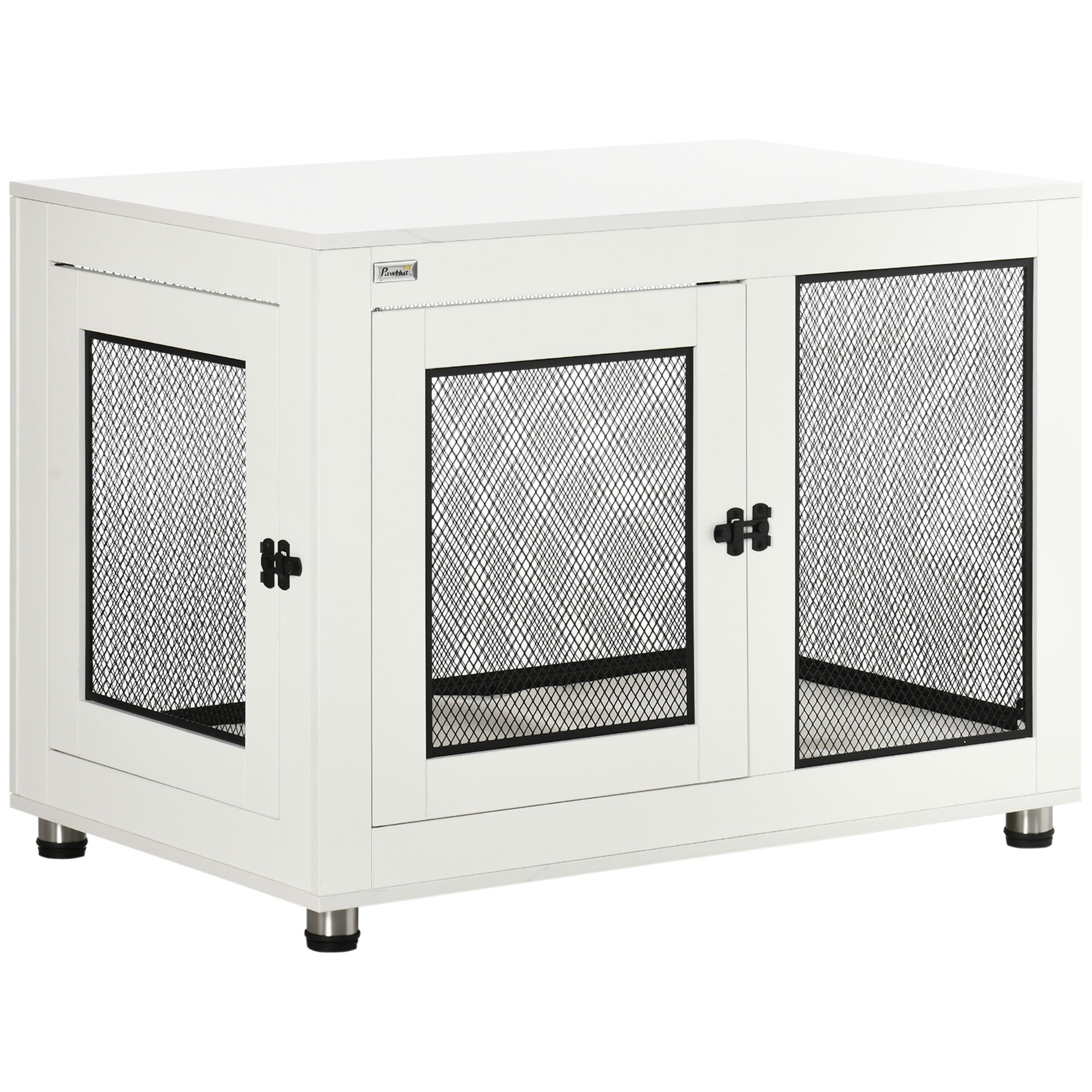 Large Dog House with 2 Lockable Doors and Washable Cushion, 94x60x71.5 cm, White