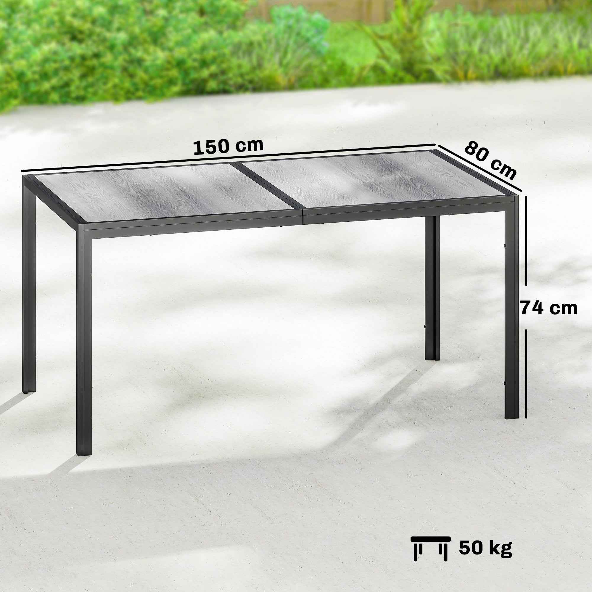 Outsunny Garden Table for 4-6 People with Wood-Effect Top, in Steel and PSPC Plastic, 150x80x74 cm, Grey and Black