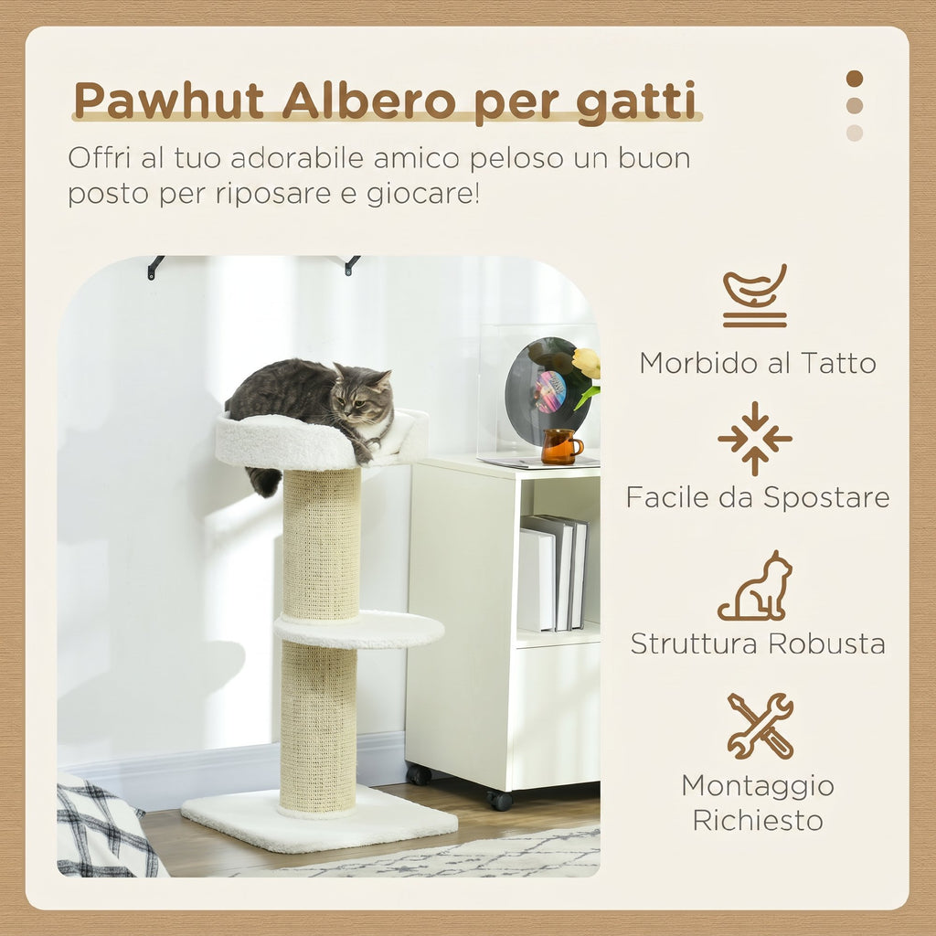 PawHut Cat Scratching Post with Bed, Plush Cover and Sisal Pole, 45x45x91cm, Cream