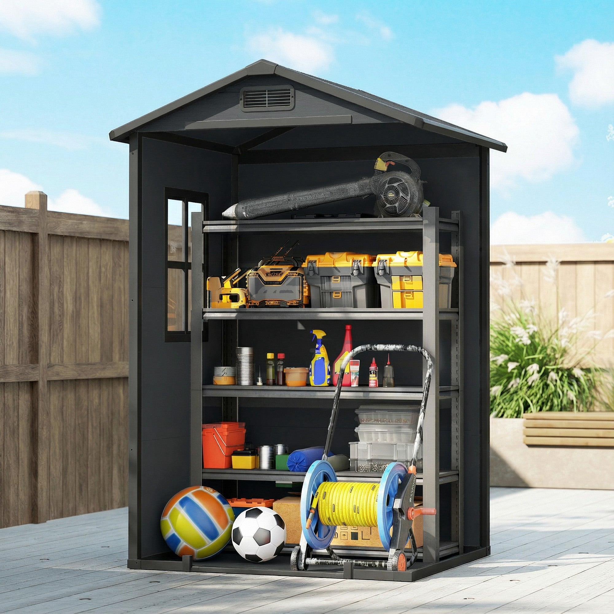 Outsunny 2-Door Tool Shed with Windows and Air Vents, PP and Aluminum, 128x104x196 cm, Dark Gray