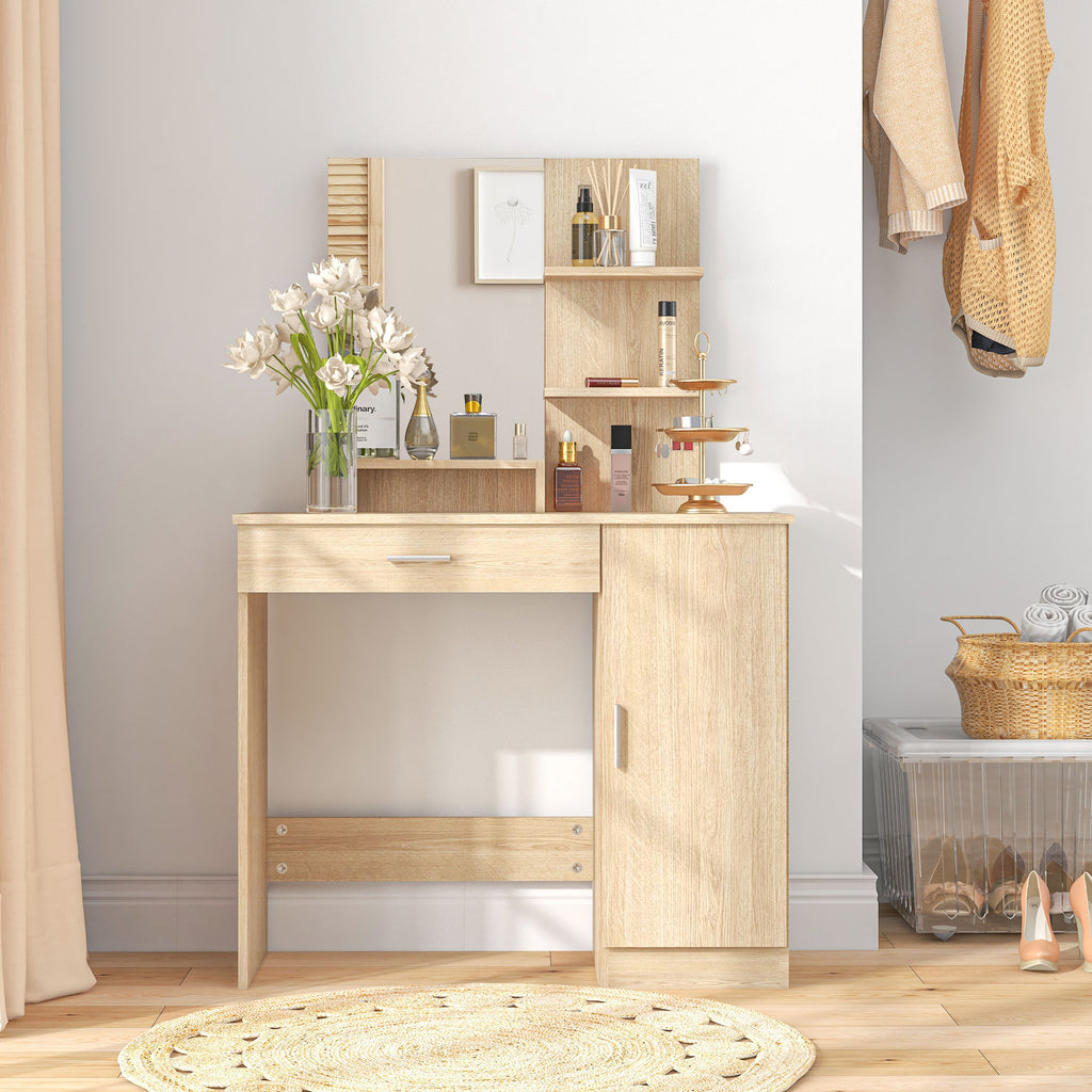 Dressing Table with Cabinet, Drawer, Makeup Mirror and Open Shelves, 90x38x138 cm, Maple