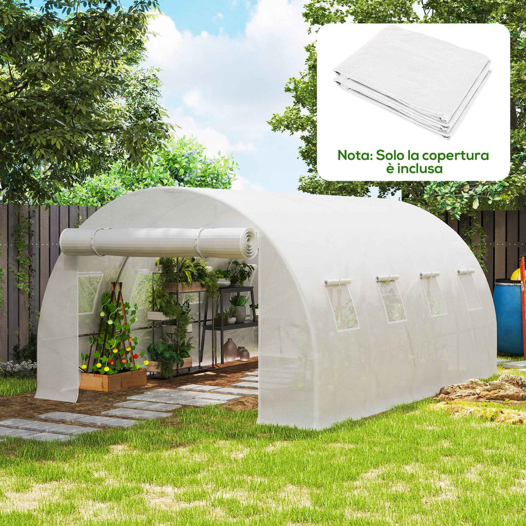 Outsunny PE Greenhouse Cover with 8 Windows, Roll-Up Door and Buried Edges, 4x3x2 m, White