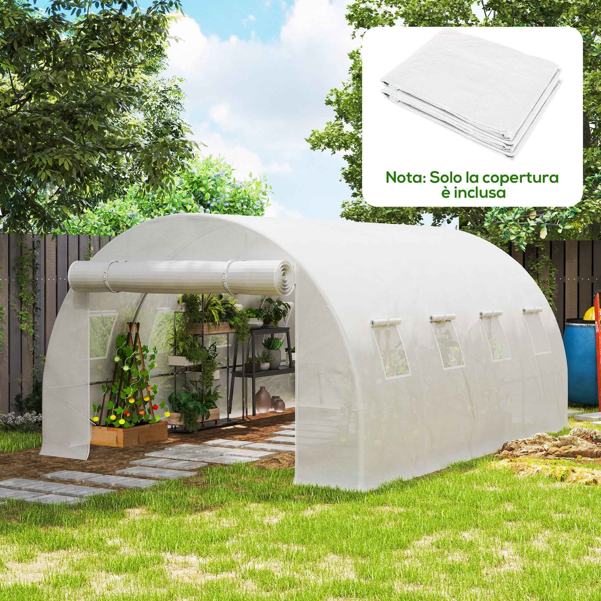 Outsunny PE Greenhouse Cover with 8 Windows, Roll-Up Door and Buried Edges, 4x3x2 m, White