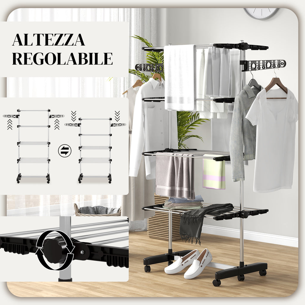 Vertical Clothes Drying Rack with 4 Adjustable Shelves, in Steel and Plastic, 142x55x172 cm, Black and Silver
