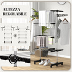Vertical Clothes Drying Rack with 4 Adjustable Shelves, in Steel and Plastic, 142x55x172 cm, Black and Silver