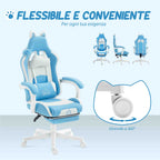 Reclining Gaming Chair with Footrest and Cushions, Faux Leather and Sponge, 65x62x116-124 cm, White and Blue