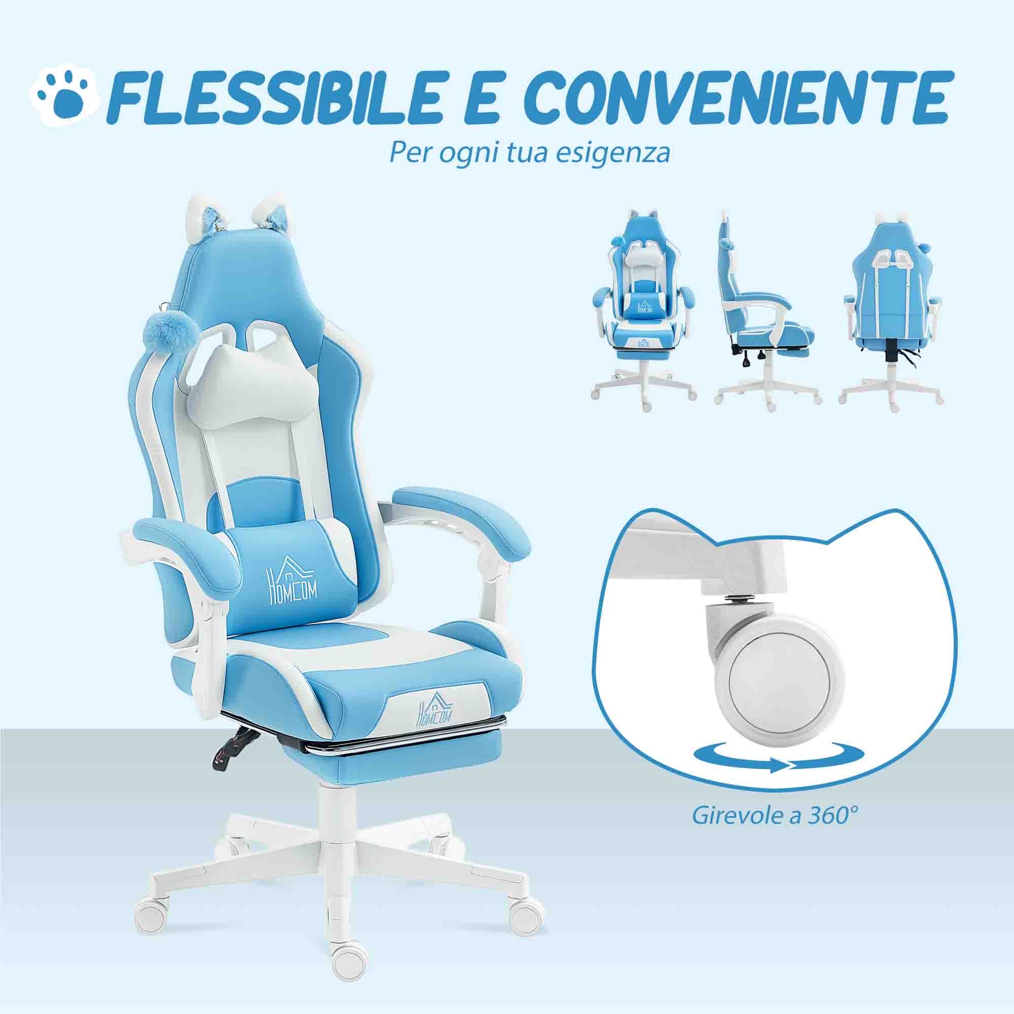 Reclining Gaming Chair with Footrest and Cushions, Faux Leather and Sponge, 65x62x116-124 cm, White and Blue