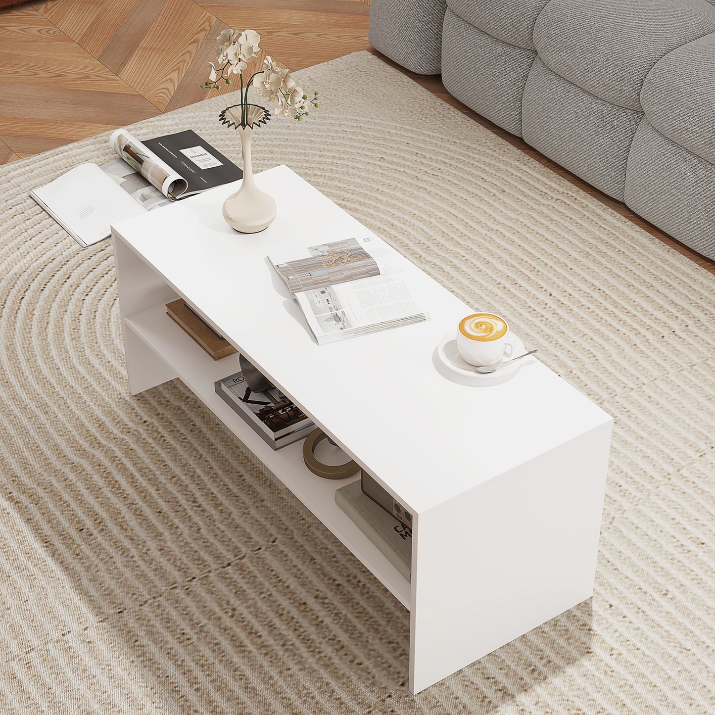 Modern 2-Tier Wooden Coffee Table with Open Shelf, 100x40x41.5cm, White